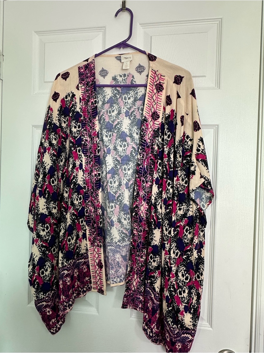 Chico's Cream, Black & Pink Open-Front Patterned Sweater Kimono